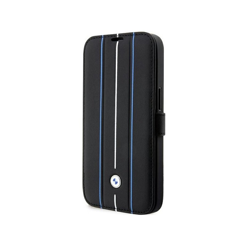 BMW iPhone 14 Pro black bookcase Leather Stamp Blue Lines BMW iPhone 14 Pro black bookcase Leather Stamp Blue Lines