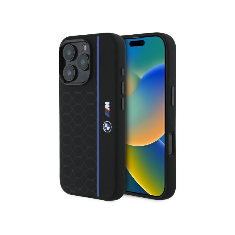 BMW iPhone 16 Pro Max black hardcase Silicone Hexagon Blue Line MagSa BMW iPhone 16 Pro Max black hardcase Silicone Hexagon Blue Line MagSa