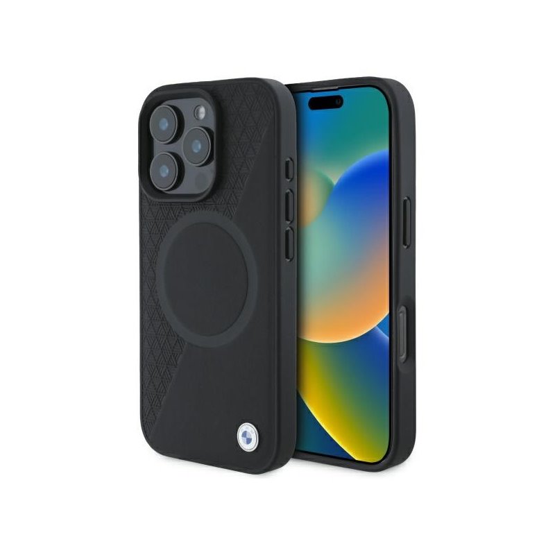 BMW iPhone 16 Pro Max black hardcase Sign Leather Half Textured & Circle M. BMW iPhone 16 Pro Max black hardcase Sign Leather Half Textured & Circle M.