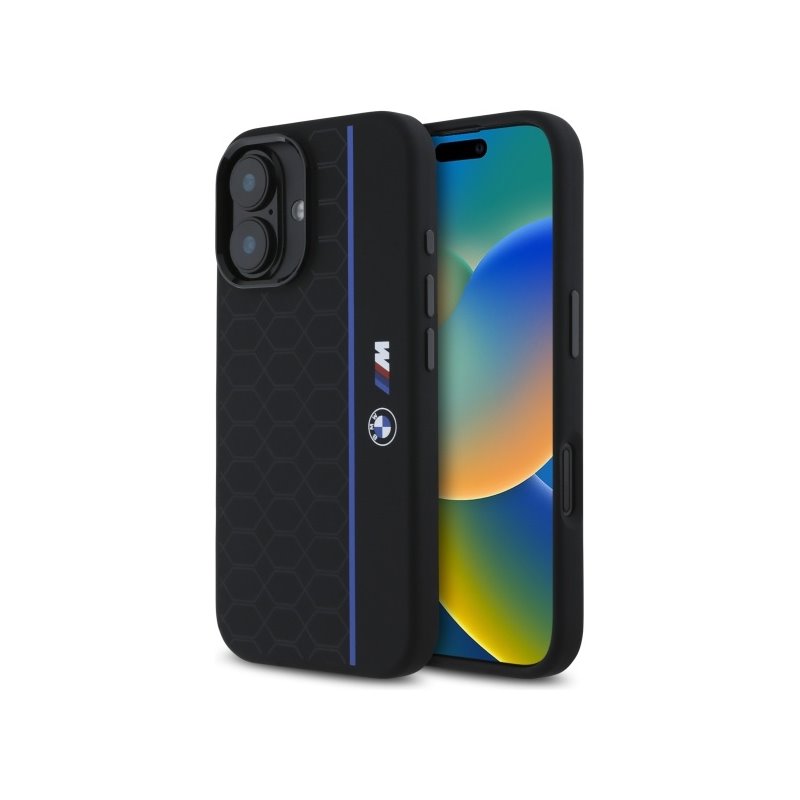 BMW iPhone 16 black hardcase Silicone Hexagon Blue Line MagSafe