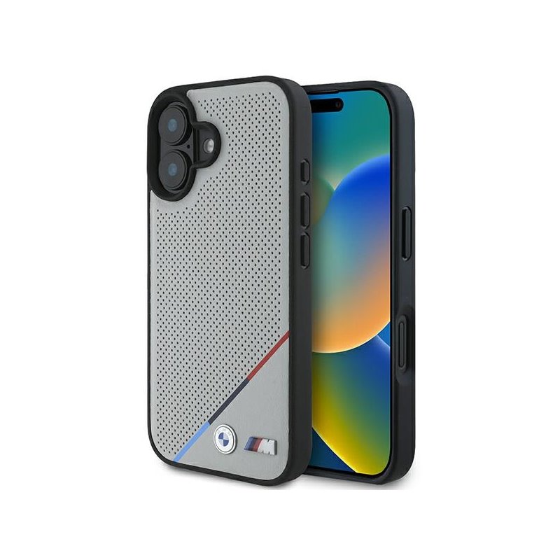 BMW iPhone 16 grey hardcase M Perforated Tricolor Line MagSafe